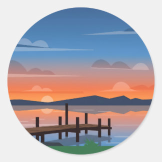 Friedliche Orangensee-Sonnenuntergangs-Anlegesteg- Runder Aufkleber