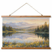 Friedliche Pastell-Landschaftsteppich – Berge, See