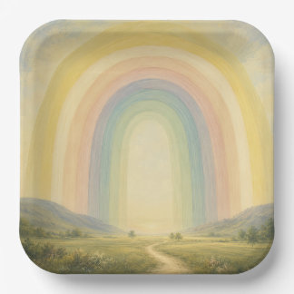 Friedliche Pastell-Regenbogenbogen-Landwiese Pappteller