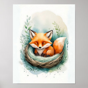 Friedliche Ruhende Fuchs-Nest-Aquarell-Illustratio Poster