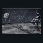 friedliche Schneeschuhszene Poster<br><div class="desc">Eine kleine Winterszene,  die ich auf der Kalkboard-App meines Telefons entworfen habe. Eine Einzelfigur wandert durch die Nacht bergauf und folgt einem Schlitten vorbei an schneebedeckten immergrünen Bäumen. In der Ferne weht eine Kabine voller Liebe und Wärme und Zuhause unter dem winterlichen Mond,  während die Schneeflocken friedlich fallen.</div>