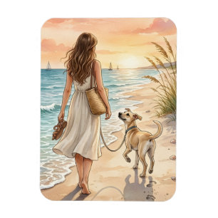 Friedliche Strandsonnenuntergang-Hund-Wasserfarben Magnet