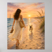 Friedliche Strandsonnenuntergangs-Hunde-Wasserfarb Poster (Vorne)
