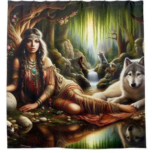 Friedliche Szene: Indianer und Wolf Duschvorhang (Vorderseite)