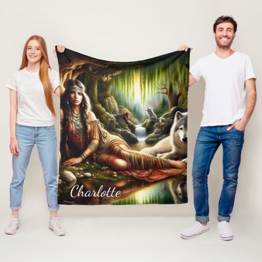 Friedliche Szene: Indianer und Wolf Fleecedecke (Beispiel)