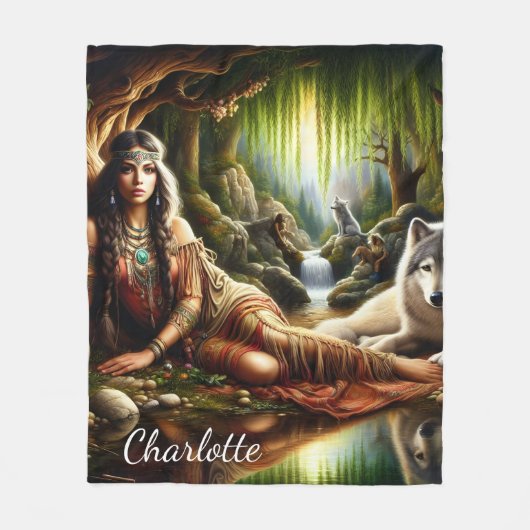 Friedliche Szene: Indianer und Wolf Fleecedecke (Vorderseite)