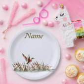 Friedliche Szene Mallard Duck über Kattails Pappteller (Party)