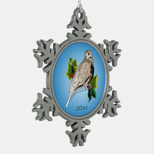 Friedliche Taube mit Heiligen und Ivy Schneeflocken Zinn-Ornament (Links)