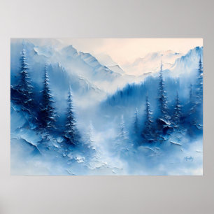 Friedliche vereiste Kiefern und Bergnebel – Textur Poster