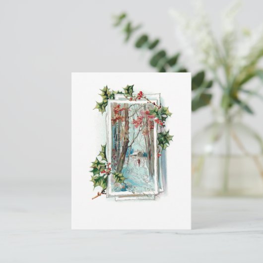 Friedliche Vintage Winterschneeszene mit Holly Postkarte (Stehend Vorderseite)
