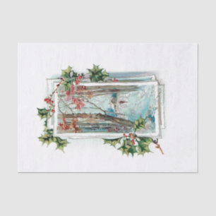 Friedliche Vintage Winterschneeszene mit Holly Seidenpapier