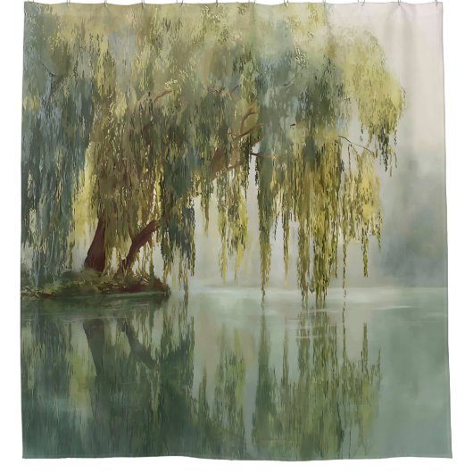 Friedliche Weidenbaum-Reflexion Naturkunst (8) Duschvorhang (Vorderseite)