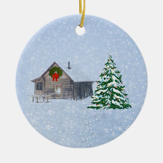Friedliche Weihnachtshütte Keramik Ornament (Vorne)