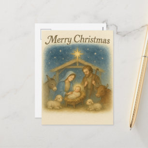 Friedliche Weihnachtskrippe Heilige Familie Feiertagspostkarte