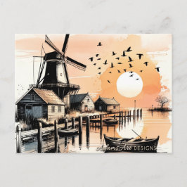 Friedliche Windmühle Sonnenuntergang Hafen Feiertagspostkarte