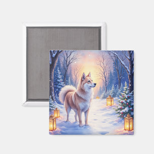 Friedlicher Akita auf Schneelaternenweg Weihnachts Magnet