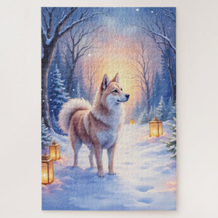 Friedlicher Akita auf Schneelaternenweg Weihnachts Puzzle