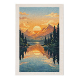 Friedlicher alpiner See Sonnenuntergang Retro-Reis Poster