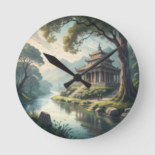 Friedlicher alter Tempel am Fluss – Wasserfarbe Fa Runde Wanduhr