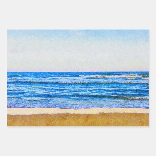Friedlicher Aquarellstil Blue Ocean & Sandstrand Geschenkpapier Set (Vorderseite)