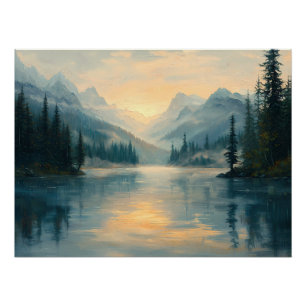 Friedlicher Bergsee bei Sonnenaufgang Poster