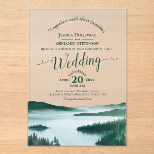 Friedlicher Bergsee Elegante Kalligrafie Hochzeit Acryleinladungen