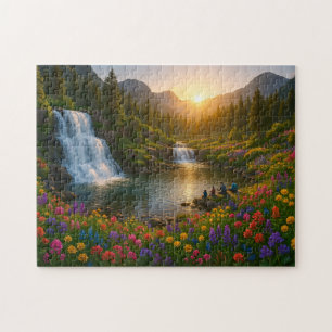 Friedlicher Bergwasserfall-Puzzle mit Sonnenaufgan Puzzle