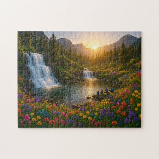Friedlicher Bergwasserfall-Puzzle mit Sonnenaufgan Puzzle (Horizontal)