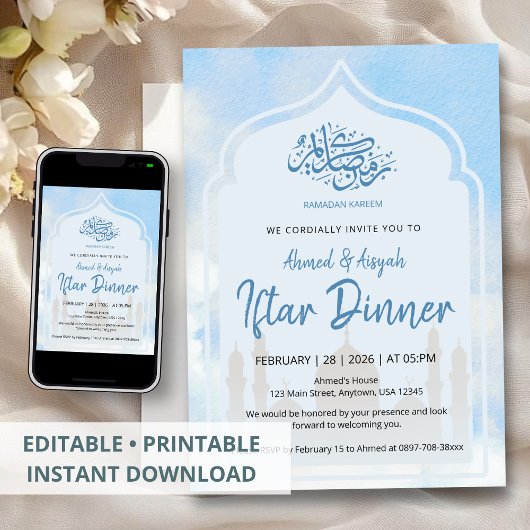 Friedlicher blauer Aquarell-Moscheebogen Iftar Einladung