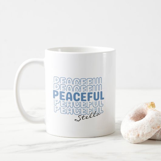 Friedlicher blauer welliger Retro-Text mit individ Kaffeetasse (Mit Donut)