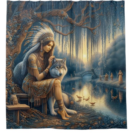 Friedlicher Flussmoment mit Wolf Duschvorhang (Vorderseite)