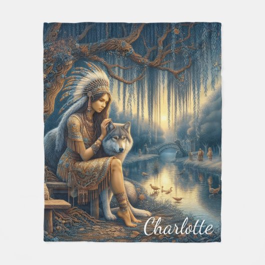 Friedlicher Flussmoment mit Wolf Fleecedecke (Vorderseite)