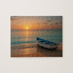 Friedlicher goldener Sonnenuntergang mit Boot am S Puzzle