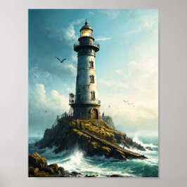 Friedlicher Leuchtturm mit Möwe im Nordseeraum Poster
