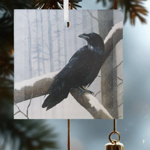 Friedlicher schwarzer Rabe Schnee Winterwald Ornament Aus Glas