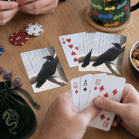 Friedlicher schwarzer Rabe Schnee Winterwald Spielkarten