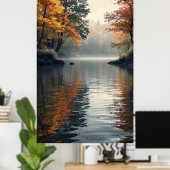 friedlicher See umgeben von Herbstbäumen Poster (Heimbüro)