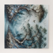 Friedlicher Waldfluss und fliegende Vögel Puzzle (Horizontal)