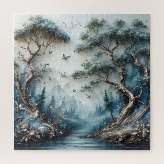 Friedlicher Waldfluss und fliegende Vögel Puzzle (Vertikal)