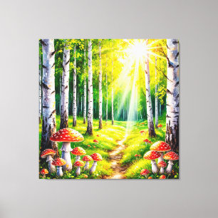 Friedlicher Waldweg mit sonnenbeschienenen Birken Leinwanddruck