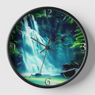 Friedlicher Wasserfall in Blassblau und Grün    Uhr