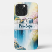 Friedlicher Wasserfall, rosa Blume iPhone Hülle (Rückseite)