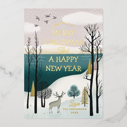 Friedlicher Winterwald & Rehe | Gold Weihnachten Folien Feiertagskarte (Vorderseite)