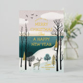Friedlicher Winterwald & Rehe | Gold Weihnachten Folien Feiertagskarte (Stehend vorne)