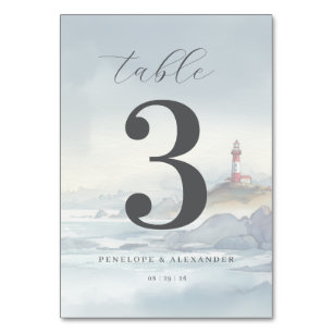 Friedliches blaues Aquarell-Leuchtturm Tischnummer