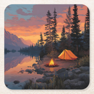 Friedliches Camping am Bergsee Rechteckiger Pappuntersetzer