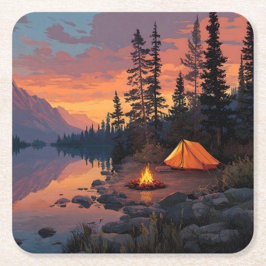 Friedliches Camping am Bergsee Rechteckiger Pappuntersetzer (Vorderseite)