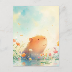Friedliches Capybara lächelt im Wildblumen-Teich Postkarte