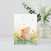 Friedliches Capybara mit Herz und fallenden Blüten Postkarte (Stehend Vorderseite)