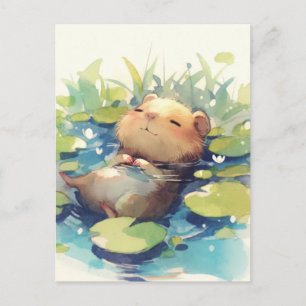 Friedliches Capybara Schwimmt in Seerosenteich Postkarte